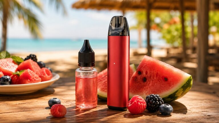 Rote Pod-E-Zigarette mit Liquid-Flasche, Wassermelone und Beeren auf Holztisch am Strand