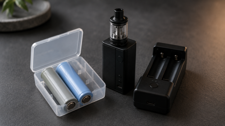 Zwei Akkuzellen in transparenter Schutzbox neben einem Box-Mod und einem externen Ladegerät