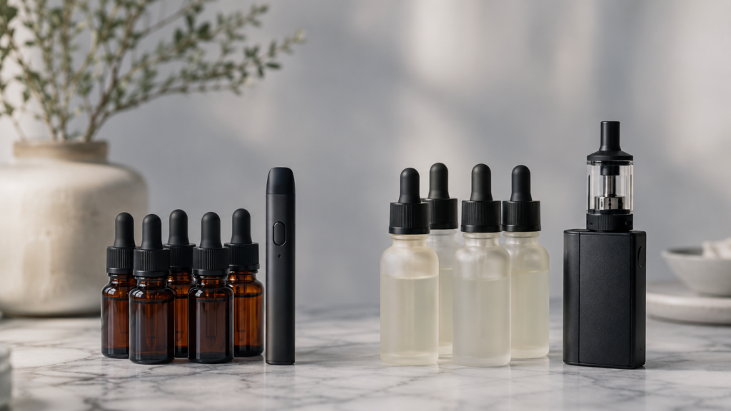 Nikotinsalz- und Freebase-Liquids im Vergleich: kleine Tropfflaschen neben einem Pod-System und einem Box-Mod