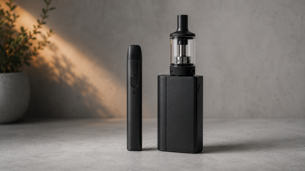 Schlankes Pod-System neben einem größeren Box-Mod mit Glastank im direkten Größenvergleich